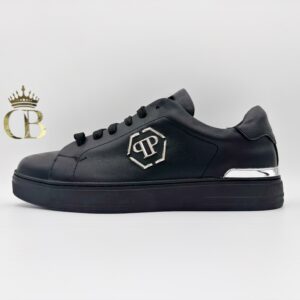 Black Sneakers Leather Silver Heel Low-Top