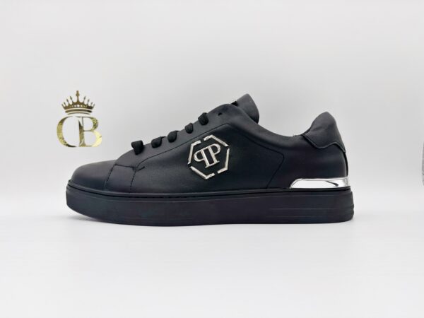 Black Sneakers Leather Silver Heel Low-Top